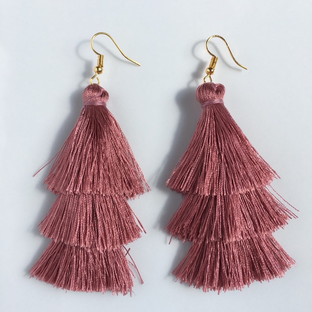Tiered Tassel Drop Dusty Rose Dangle Earrings - Picture 3 of 8